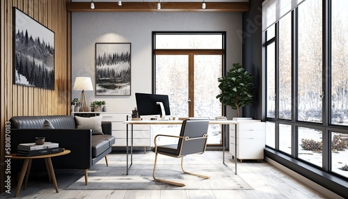 A modern and stylish office space with sleek white furniture and natural wood accents. Large windows provide plenty of natural light, and warm lighting adds a cozy feel to the room. generative ai © 3D Station