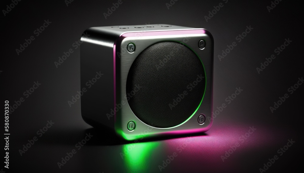 A silver Bluetooth speaker with a glowing green power button, sitting on a black background with a deep pink gradient. generative ai A silver Bluetooth speaker with a glowing green power button, sitting on a black background with a deep pink gradient. generative ai
