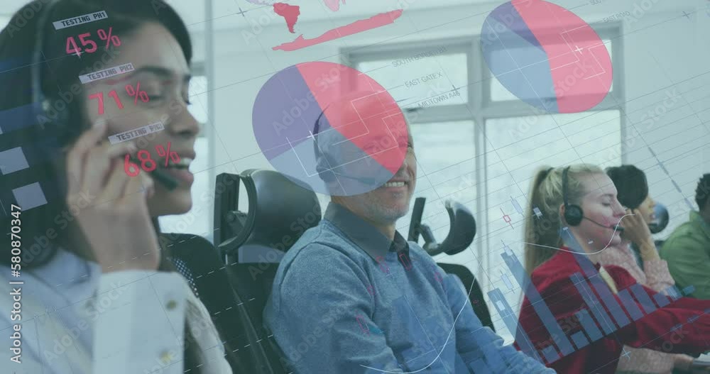 Animation of financial data processing over diverse business people in office