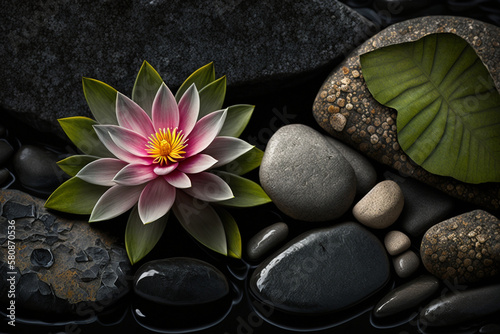 Lotus Flower With Spa Stones In Rock Garden, generative ai