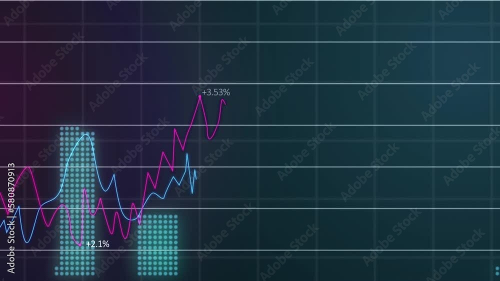 Animation of financial data processing over grid on dark background Animation of financial data processing over grid on dark background