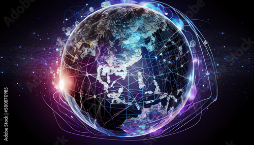 Communication technology for internet business. Global world network and telecommunication on earth cryptocurrency and block chain and IoT. Showing off how the whole world is connected. Security netwo