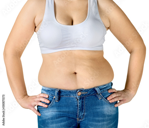 Woman with fat belly on background.