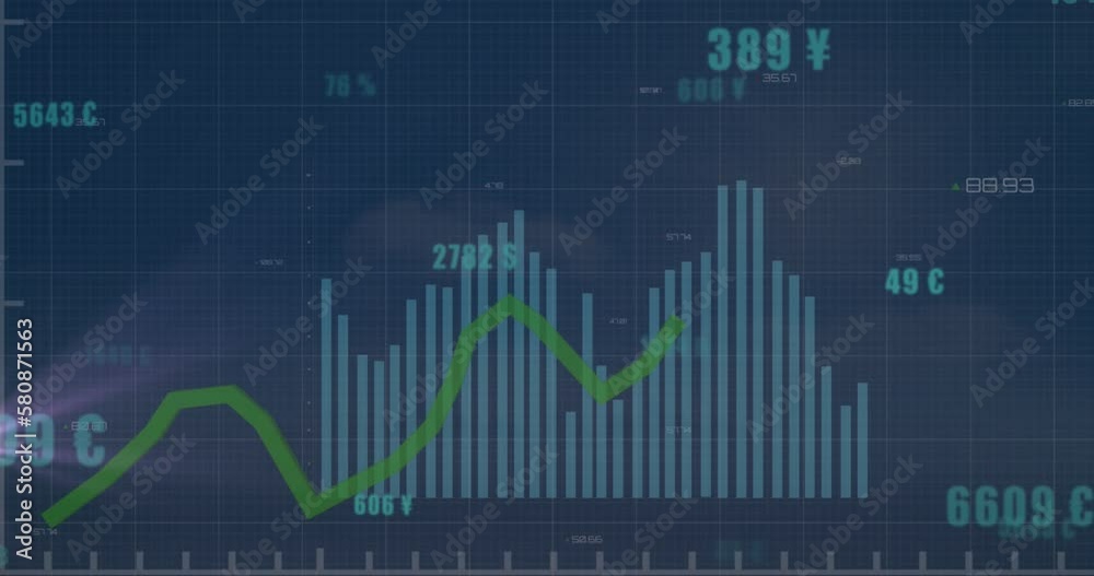 Animation of financial data processing with green line and numbers Animation of financial data processing with green line and numbers