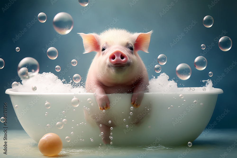 A cute little pig takes a bubble bath to keep himself clean and