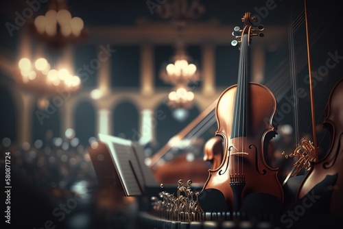 Photo A violin in a symphony orchestra. Ai generated.
