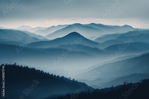 A mountain landscape at dusk, undulating with many hills on the horizon, fog and bluish atmosphere. Ai generated.