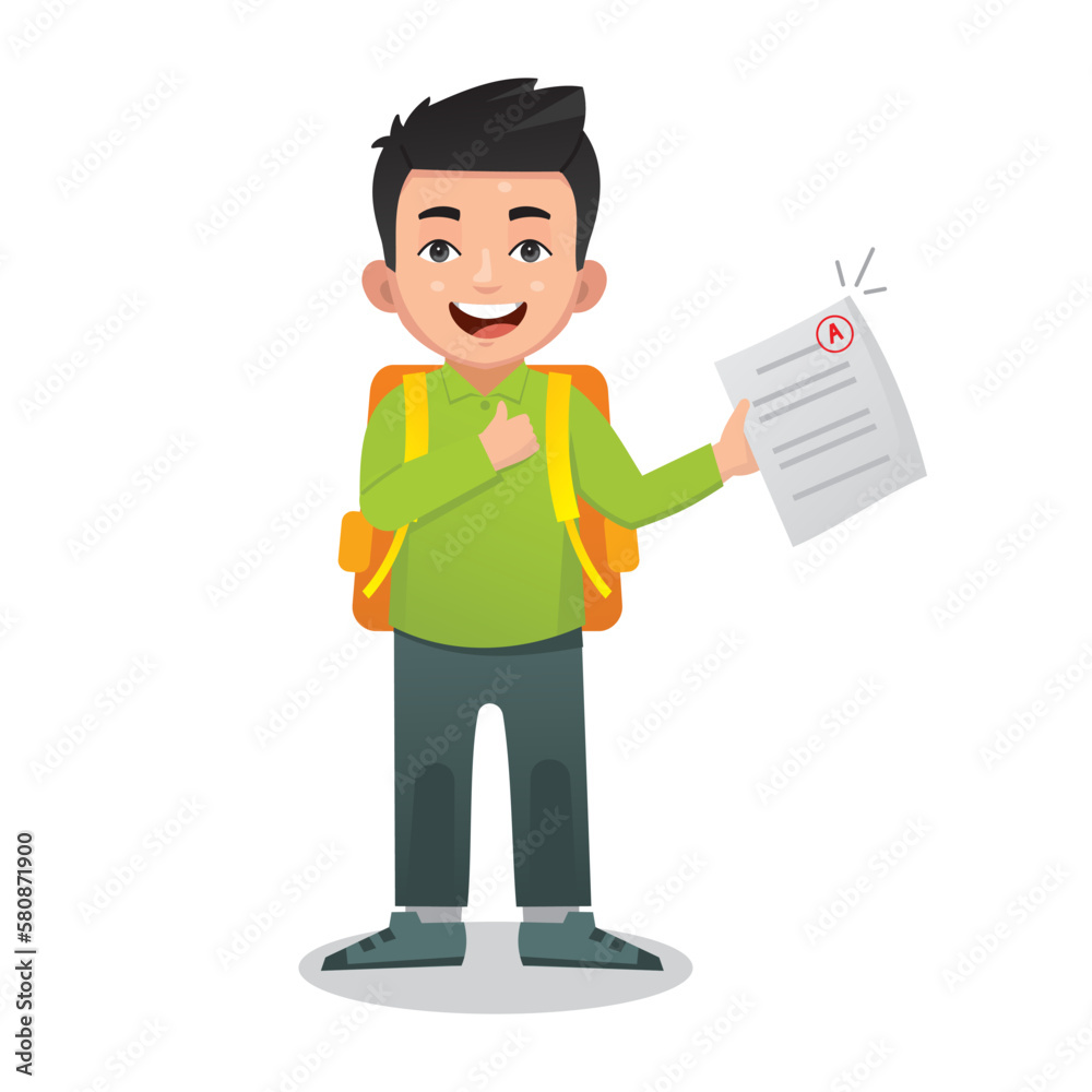 cute boy student holding exam papers with good grades A grade in exam results cute boy student holding exam papers with good grades A grade in exam results