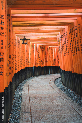Beautiful Pathway of Red Tori Gates in a Japanese Temple in Kyoto
