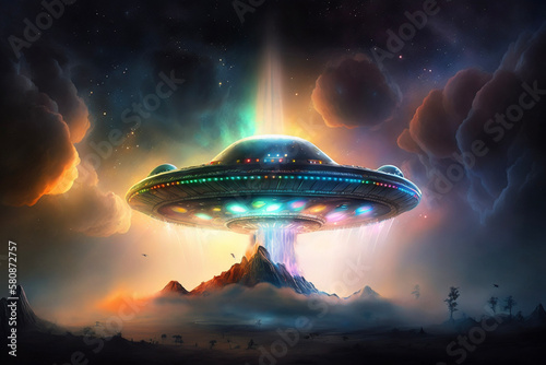UFO Spaceship Flying Saucer Alien Beaming to Earth Landscape Smoke Clouds Space Generative AI