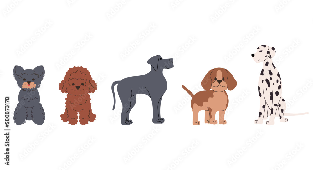 Obraz premium Set of different dogs vector flat illustration. Cartoon characters.