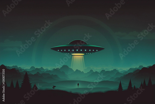 Minimal UFO Spaceship Flying Saucer Alien Beaming to Earth Landscape Smoke Clouds Space Generative AI