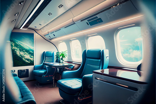 Private plane air jet interior with custom design. Luxury private airplane interior