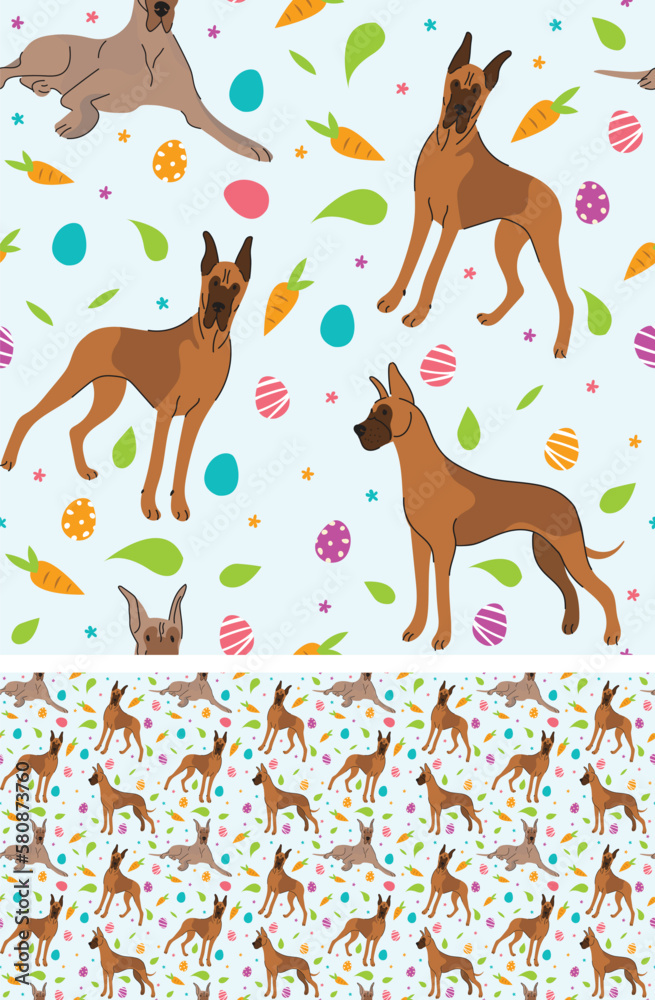 Happy Easter seamless pattern with flowers, leaves, carrot, eggs and Great Dane dog, seasonal design background. Holiday present, spring fresh design, pastel colors, flat style. Colorful, motley. 
