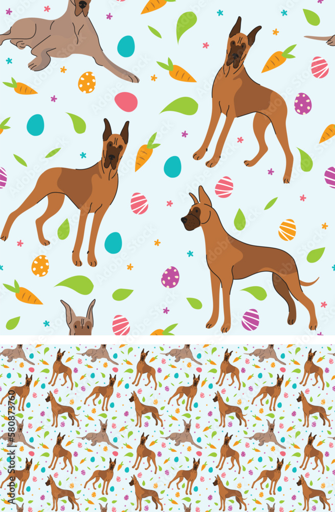Happy Easter seamless pattern with flowers, leaves, carrot, eggs and Great Dane dog, seasonal design background. Holiday present, spring fresh design, pastel colors, flat style. Colorful, motley. Happy Easter seamless pattern with flowers, leaves, carrot, eggs and Great Dane dog, seasonal design background. Holiday present, spring fresh design, pastel colors, flat style. Colorful, motley.