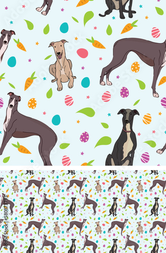 Happy Easter seamless pattern with flowers, leaves, carrot, eggs and Greyhound dog, seasonal design background. Holiday present, spring fresh design, pastel colors, flat style. Colorful, motley. 