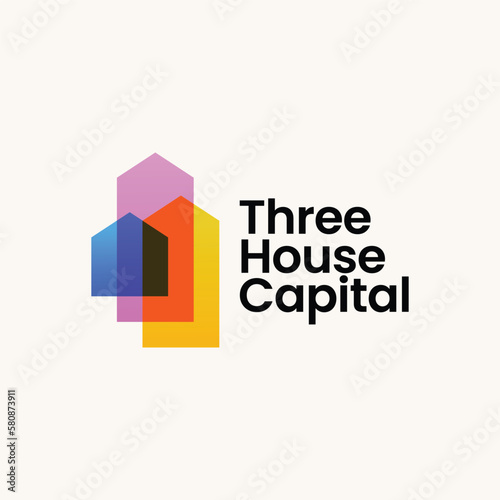Triple Three house home mortgage real estate overlapping color colorful logo vector icon illustration