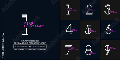 set of anniversary white and purple color with dark color background for special celebration event