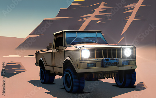 Rugged pickup truck in a hot desert; comic book style photo