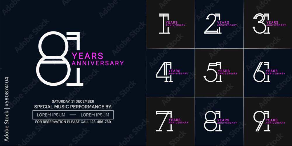 set of anniversary white and purple color with dark color background for special celebration event
