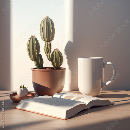 coffee cup, book and cactus pot on table