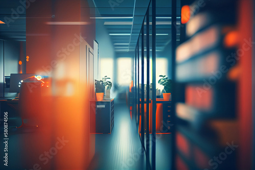 Modern office environment with neon colours. Blurry and defocus office background