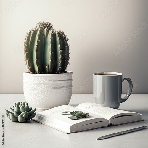 coffee cup, book and cactus pot on table