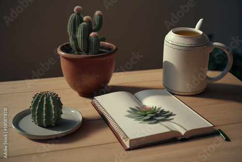 coffee cup, book and cactus pot on table