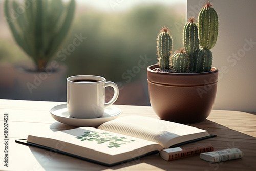 coffee cup, book and cactus pot on table