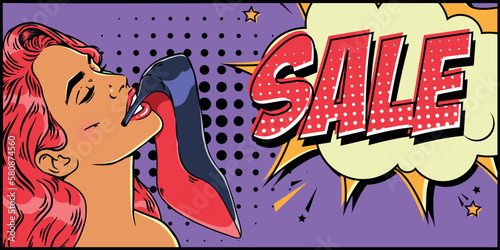 Horizontal banner for shoe store. Vector popart handdrawn illustration. Young tanned white beautiful woman with red hair holds shoe in her teeth with thin stiletto heel. Sale. Speech bubble with cloud