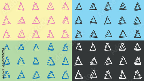 Vector set of colorful blue, yellow, green, black background. Handdrawn triangle. Trendy pastel color. Template for social network post, textile, media. Minimalistic geometric illustration. Banner