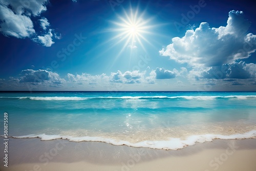 A tropical beach  blue sea  white clouds  and a sun flare serve as the backdrop for a summer vacation. Generative AI