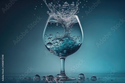 a glass being filled with water as a light blue background appears. bubbles in a glass of fresh water with a blue background. Generative AI