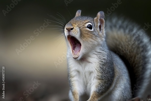Grey squirrel yawning funny. Generative AI photo
