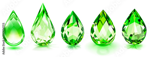Set of big crystal drops in green color with glares and shadows