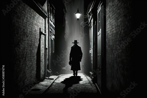 Cunning thief sneaks in a dark alleyway in gritty noir style with deep shadows and sharp angles. --ar 3 2 Generative AI