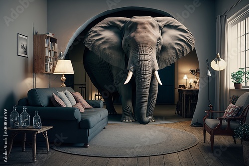 Big elephant inside a living room. Generative AI