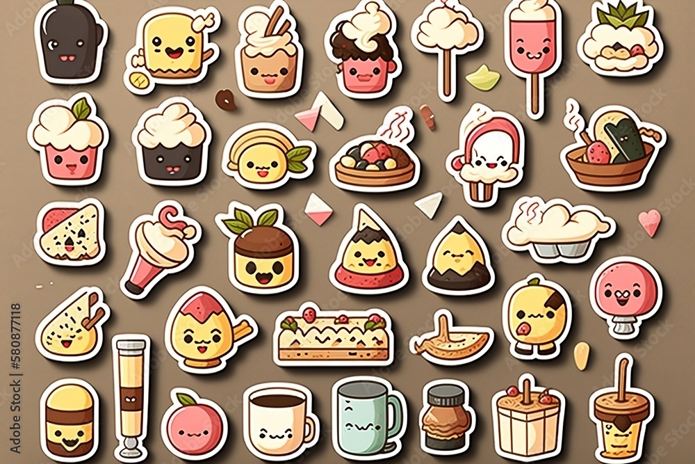 Set of cartoon food stickers icons. Generative AI.