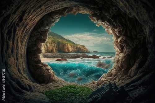 A view from inside a coastal grotto. Nature's makeup. Generative AI © AkuAku