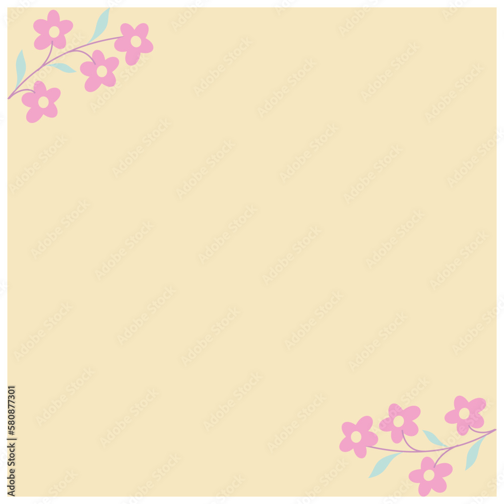 Cute floral frame with pink flowers on a beige background. Vector illustration. Plain background with floral ornaments between plain fields which can be used to place text.