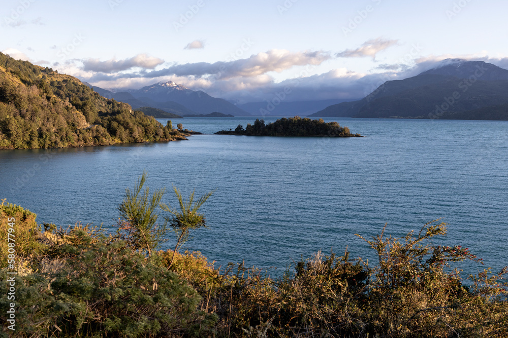 Beautiful Lago Buenos Aires / Lago General Carrera near Puerto Rio Tranquilo in the rising sun - Traveling Chile on the famous and scenic Carretera Austral