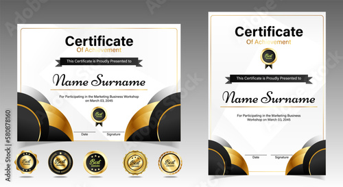Certificate of appreciation template, gold and black color. Clean modern certificate with gold badge. Certificate border template with luxury and modern line pattern. Diploma vector template. EPS 10