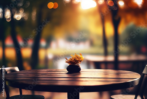 Empty table with blurry orange and yellow autumn natural park garden or backyard background. Nature and outdoor concept. Generative AI