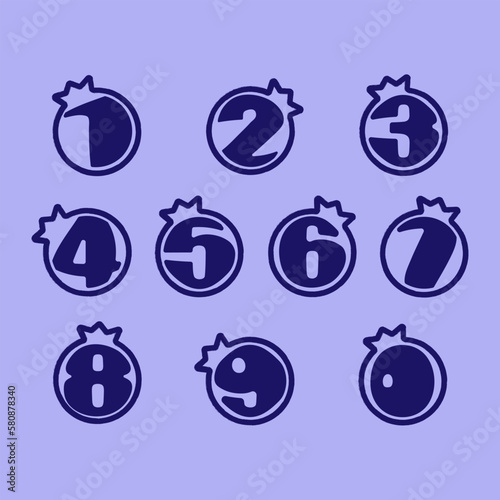 Numbers  in blueberry shapes. Isolated vector illustration in blueberry shapes. Numbers of blueberry shapes. Colorful numbers vector alphabet set on blueberry shapes