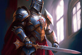 A knight in armor standing guard of the palace background. Medieval and Crusades war concept. Generative AI