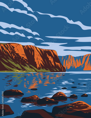 WPA poster art of Western Brook Pond within Gros Morne National Park located on the west coast of Newfoundland, Canada done in works project administration.