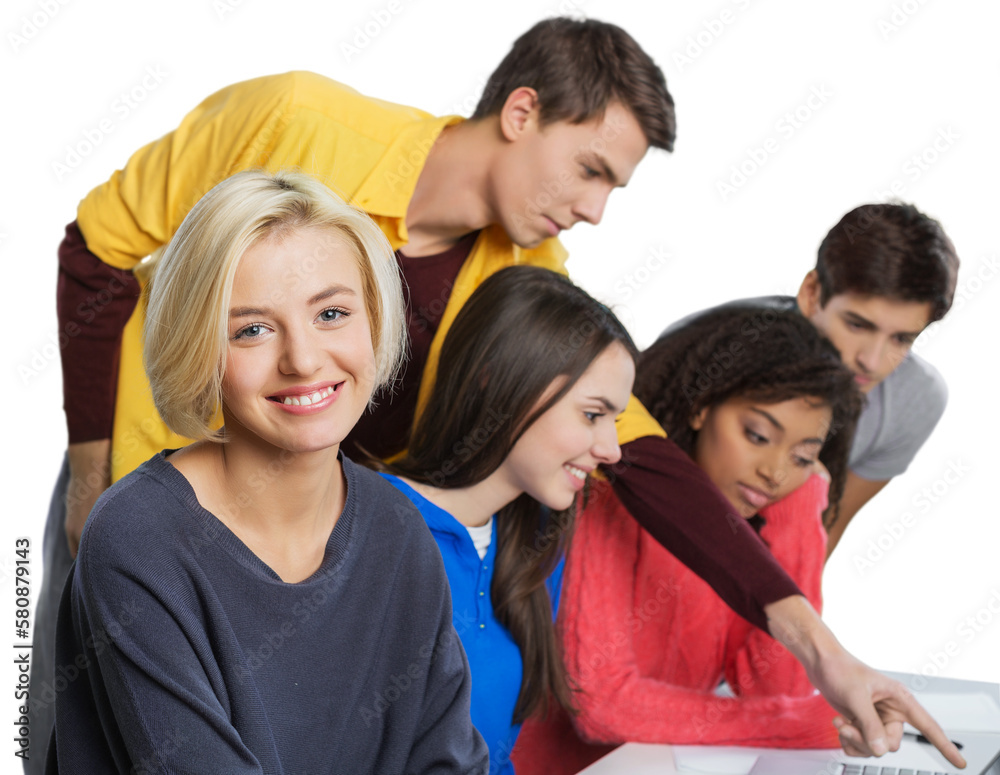 Teenager young cute happy friends using a laptop computer Teenager young cute happy friends using a laptop computer