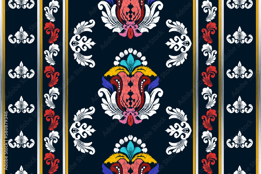 Ikat ethnic seamless pattern design Aztec fabric boho mandalas textile wallpaper tribal native motive carpet ornaments African American Indian folk embroidery vector 