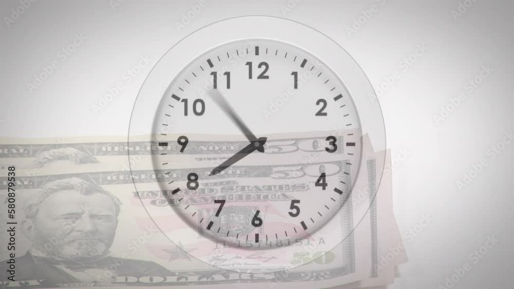 Animation of clock ticking over american dollar bills Animation of clock ticking over american dollar bills