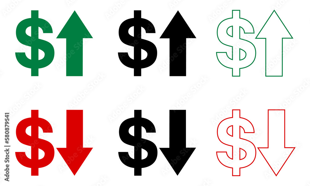 Increase dollar price, decrease arrow icons near dollar icon. Dolar icon collection with interest arrows. Increase, decrease in dollar value, icons of growth elements eps10. Increase dollar price, decrease arrow icons near dollar icon. Dolar icon collection with interest arrows. Increase, decrease in dollar value, icons of growth elements eps10.
